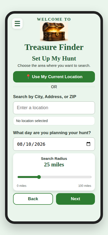 Set Up My Hunt app screen