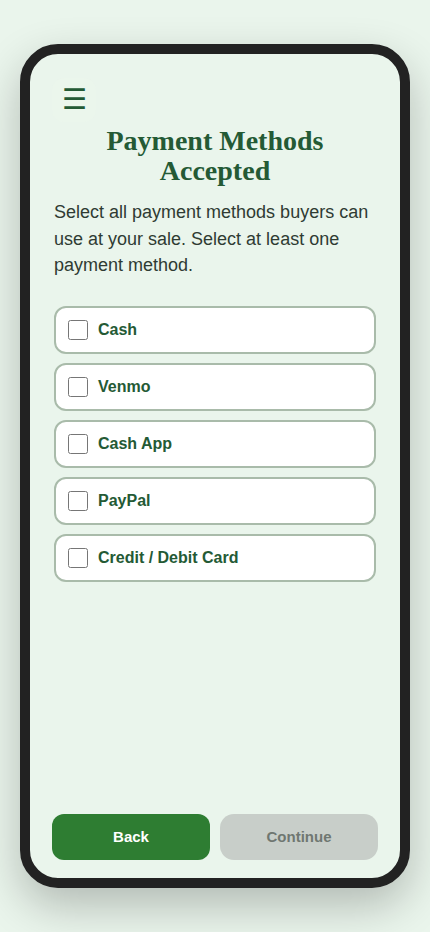 Payment Methods app screen