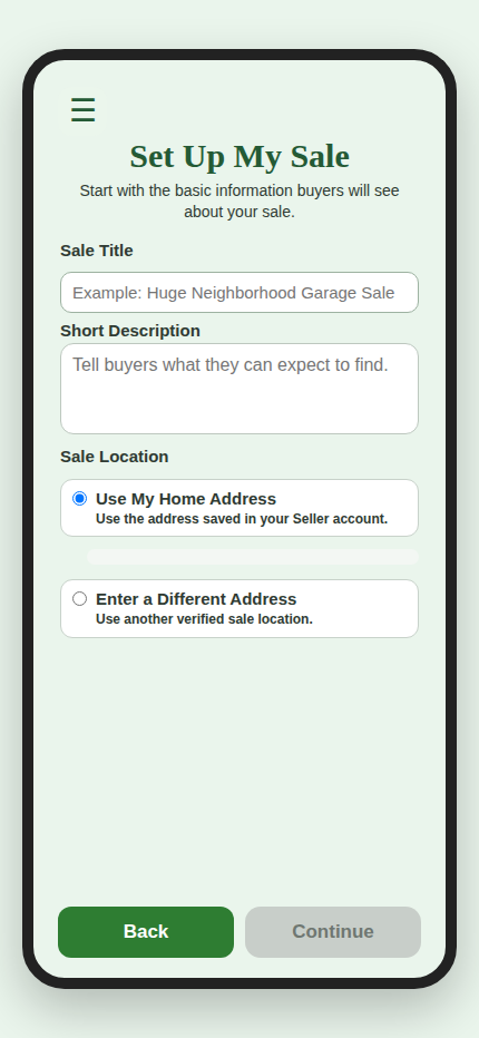 Set Up My Sale app screen