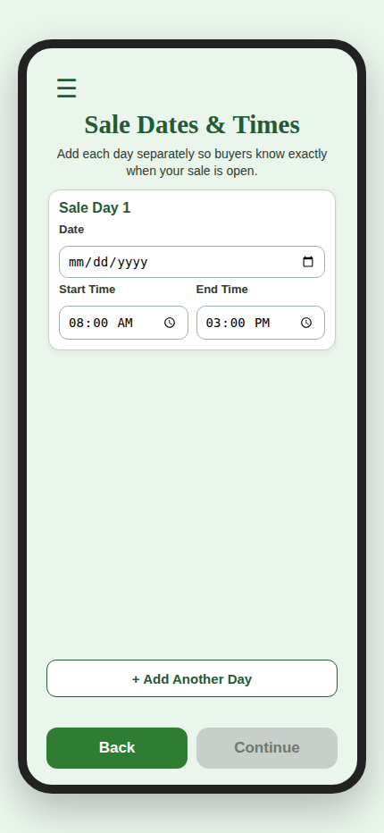 Sale Dates and Times app screen