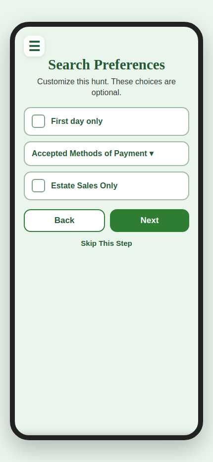 Updated Search Preferences screen showing Estate Sales Only