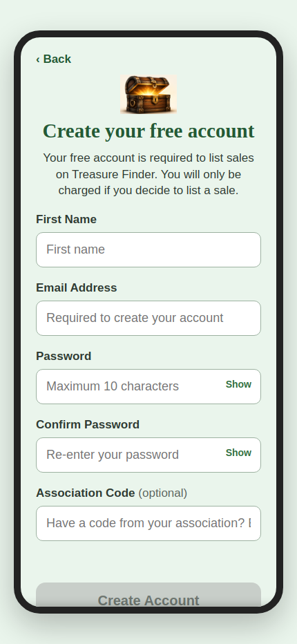 Updated Create your free account screen with Association Code optional field